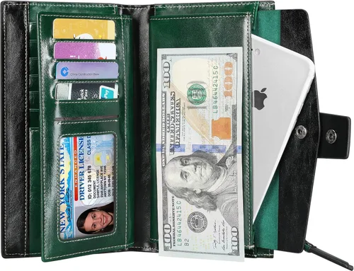 Vista 5 de Itslife Cartera de cuero con bloqueo RFID de gran capacidad para mujer, cartera de chequera auténtica, verde aceite, Classic