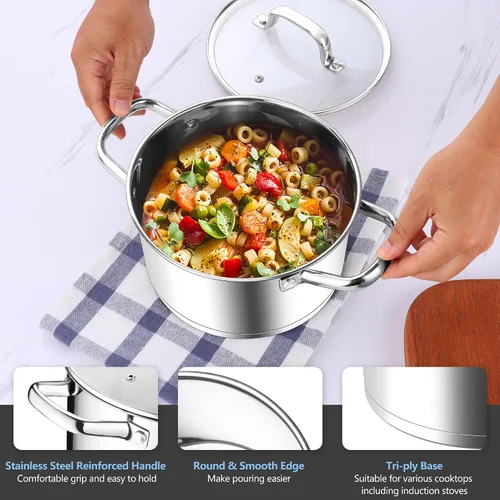 Vista 3 de Homikit Olla de acero inoxidable de 4 cuartos de galón, olla de inducción con tapa para sopa, salsa de pasta, cocinar a fuego lento, parte inferior