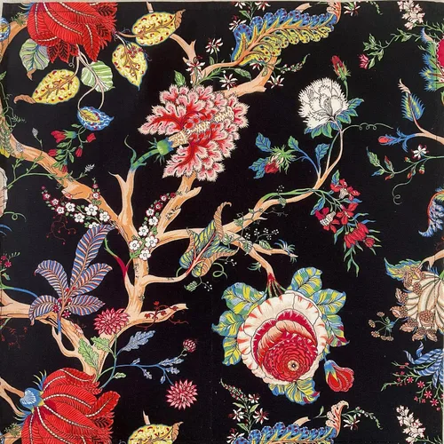 Vista 3 de Amelie Michel Mantel de algodón francés de lujo con estampado floral Ceylan, negro negro negro Tela lavable a máquina fabricada en Francia