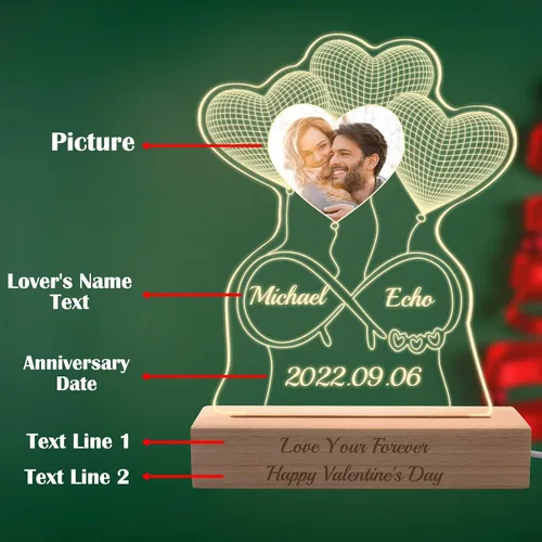 Vista 7 de Regalo para ella, lámpara nocturna de acrílico infinito 3D personalizada con imagen, luz nocturna con foto personalizada, placas acrílicas
