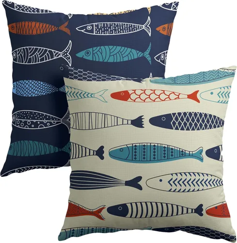 Vista 57 de Fundas de almohada de brújula de ancla, fundas de almohada náuticas para exteriores, fundas de cojín decorativas de rayas azules y blancas, fundas
