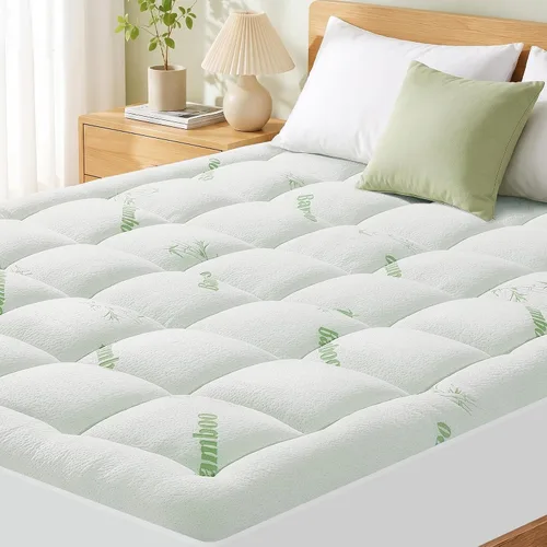 Vista 9 de Protector de colchón tamaño Queen, parte superior de almohada refrescante, viscosa ultra suave hecha de bambú, transpirable para personas que Verde