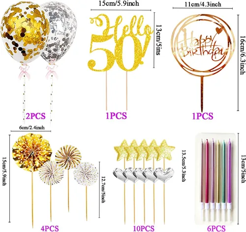 Vista 2 de Hello50 - Decoración de cumpleaños para tartas doradas, para hombres y mujeres, decoración de pastel de cumpleaños número 50