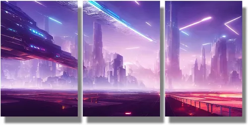Vista 71 de Lienzo decorativo para pared, diseño de ciudad futurista Cyberpunk para sala de estar, impresión multipanel, obra de arte de cocina, pintura
