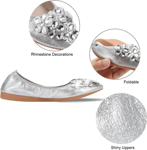 Vista 3 de KUNWFNIX Women Ballet Flats Rhinestone Wedding Ballerina Shoes Foldable Sparkly Comfort Slip on Flat Shoes