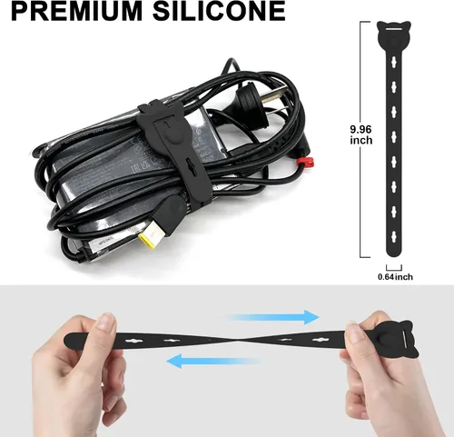 Vista 2 de 12 bridas reutilizables de silicona, 10 x 0.6 pulgadas, color negro Extendable Cord Organizer for Bundling Electrical Wires, Adjustable Luggage