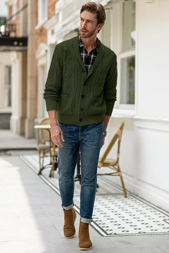 Vista 7 de JMIERR Suéter casual de manga larga con cuello de chal y botones para hombre con bolsillos