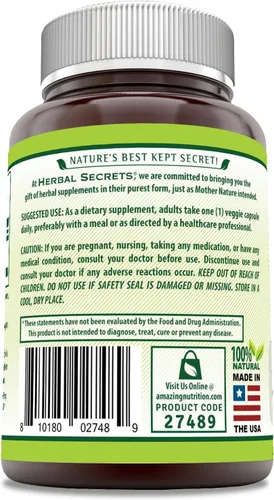 Vista 3 de Herbal Secrets Suplemento Amla 500 mg por porción 120 cápsulas vegetales Hecho con amla natural Suplemento Sin OMG Sin gluten
