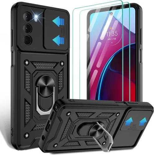 Vista 71 de Gritup Funda para Moto G Stylus 5G-2021 con cubierta deslizante para cámara 1 paquete de protectores de pantalla HD Soporte de metal giratorio