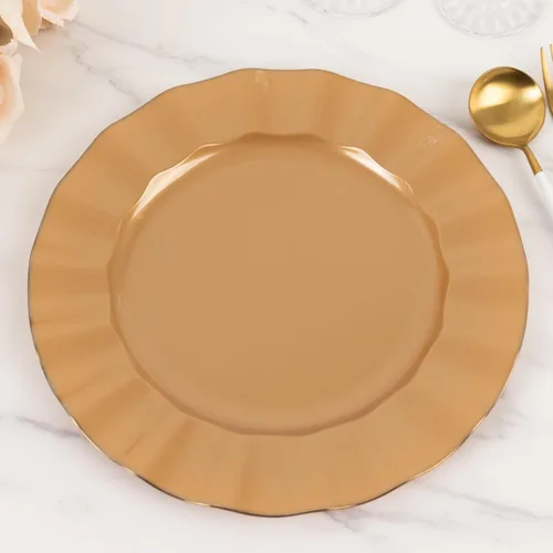 Vista 55 de Efavormart 10 Pack Platos redondos de plástico negro de 6" para postre y ensalada, platos desechables para aperitivos con borde ondulado dorado