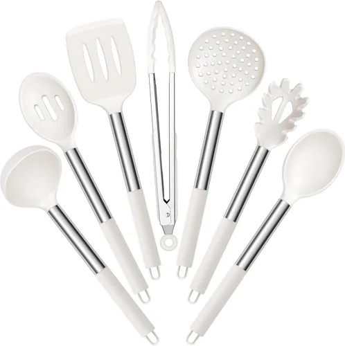 Vista 16 de E-far Juego de utensilios de cocina de silicona, 7 piezas de utensilios de cocina resistentes al calor con mango de acero inoxidable, espátula