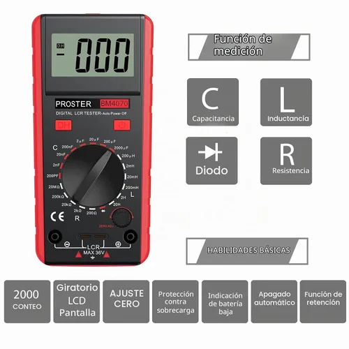 Vista 2 de Proster Medidor LCR - Probador de Resistencia de Inductancia y Capacitancia Multímetro con Autodescarga y Pantalla de Sobrecarga