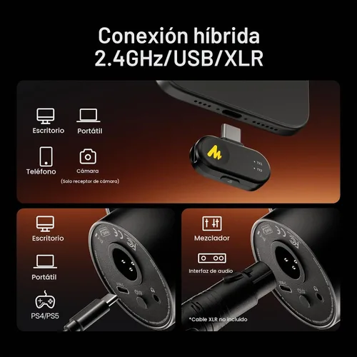 Vista 3 de MAONO PD200W Micrófono inalámbrico híbrido para podcast para PC, micrófono dinámico XLR USB con soporte de escritorio (PD200W+receptor de cámara)