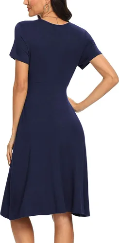 Vista 3 de Vestido de verano floral para mujer, cuello en V, bohemio, con volantes, manga con volantes, vestido de lunares suizos, con cinturón, acampanado