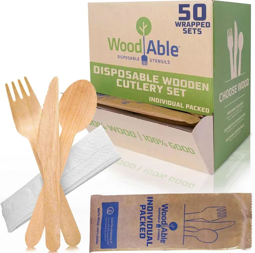 Vista 10 de Juego de cubiertos de madera desechables – 100% compostable para el hogar – 100 tenedores de 6.5 pulgadas, utensilios de bambú alternativos