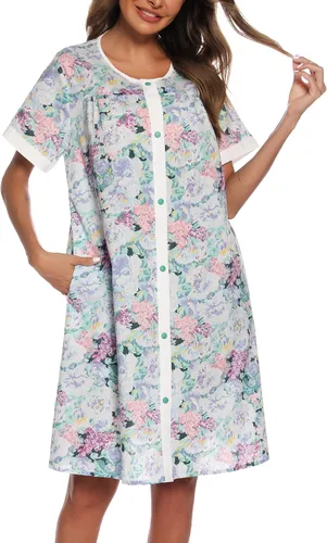 Vista 2 de YOZLY Vestido de casa para mujer, de manga corta, abrigos de casa, bata de moomoo con bolsillos
