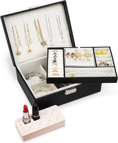 Vista 2 de USION Joyero para mujeres, niñas, novia, esposa, regalo, organizador de joyas de cuero, soporte con bandeja extraíble para aretes, pulseras