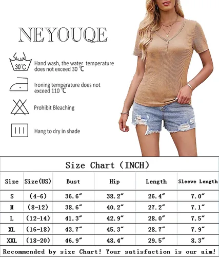 Vista 3 de NEYOUQE Camisetas básicas de verano para mujer, con cuello en V, ligeras, elásticas, con botones, de manga corta, lisas