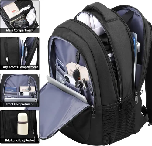Vista 2 de Mochila para hombres y mujeres, mochila escolar para adolescentes, mochila negra para niños con puerto de carga USB para laptop de 15.6 pulgadas