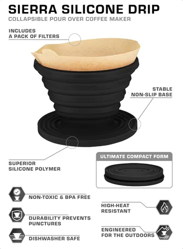 Vista 2 de COLETTI Sierra Camping Gotero de Café Pour Over — Gotero de Café Pour Over Plegable — Incluye Paquete de Filtros de Papel [Negro, Paquete de 1]