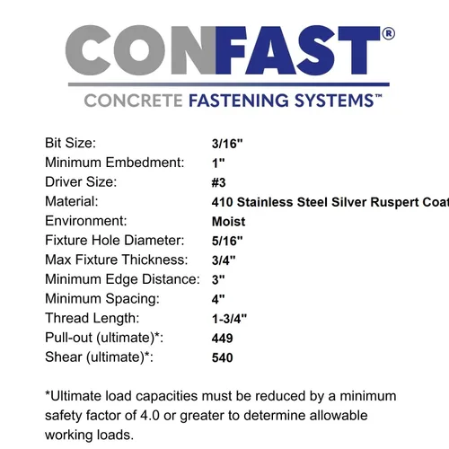 Vista 4 de CONFAST Tornillos para concreto de 1/4" x 1-3/4" de acero inoxidable 410 Phillips planos con cabeza cuadrada cóncava con broca para anclaje a