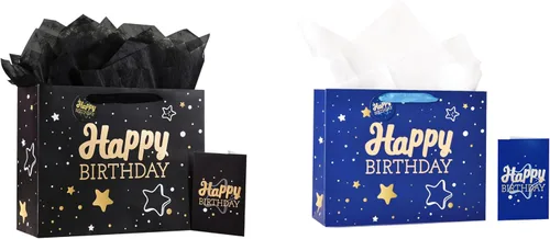 Vista 34 de Powbrace Bolsa de regalo de cumpleaños número 30 negra de 13 pulgadas con papel de seda y tarjeta de felicitación para fiestas, bolsa de regalo