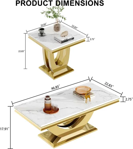 Vista 3 de Juego de mesa auxiliar de 2 piezas, mesa auxiliar de mármol sintético de oro blanco con 1 mesa auxiliar cuadrada, juego de mesa de sala de estar