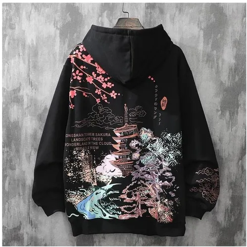 Vista 5 de Y2K - Sudadera con capucha de anime estético Sakura, estampado japonés Harajuku, de gran tamaño, con cremallera, sudadera con capucha, ropa Alt Emo