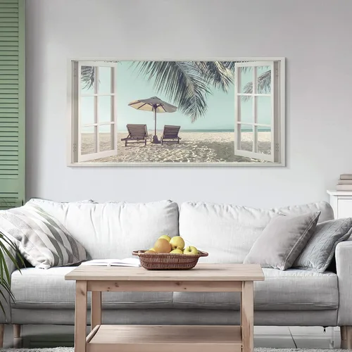 Vista 2 de Lienzo de playa para pared, dormitorio: gran sala de estar, vista de ventana, paisaje costero tropical, impresión de imagen, relajante, hogar