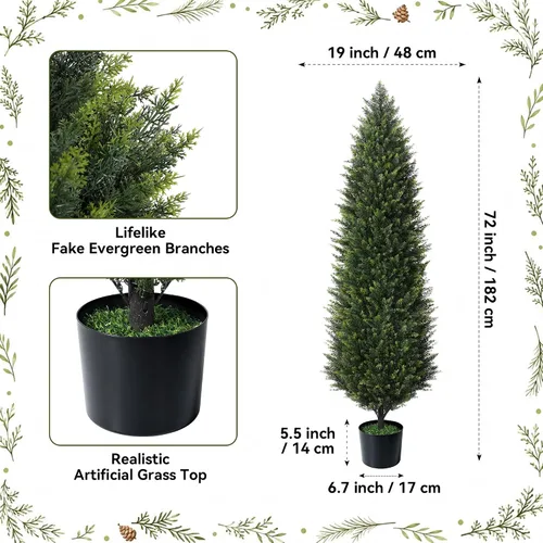 Vista 4 de Árboles topiarios artificiales de cedro de 6 pies con forma piramidal compacta, juego de 2 arbustos de pino sintético resistentes a los rayos UV