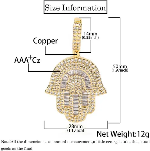 Vista 2 de Collar Hip Hop Hamsa para hombre, colgante de mano Hamsa de oro blanco de 18 quilates para mujer
