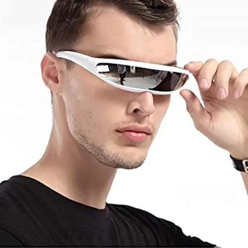Vista 4 de KFPH Gafas de sol estrechas futuristas UV400 Robot Space Costume Color Mirrored Lens Party Rave gafas futuristas