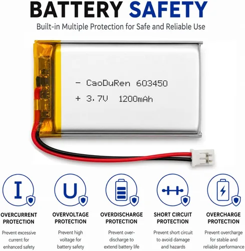 Vista 4 de Batería recargable de iones de polímero de litio Li Lipo de 3.7V con conector JST de 2 pines 0.079 in (603450 1100mAh)