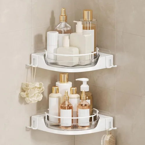 Vista 8 de Oifecsie Organizador de ducha de esquina giratorio de 360° (paquete de 2) - Lazy Susan Organizador de baño con ganchos, soporte adhesivo sin