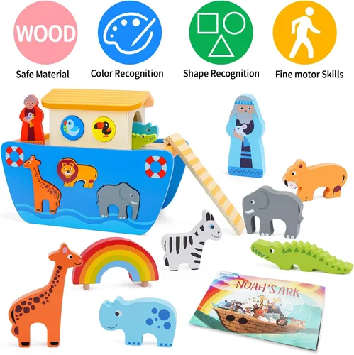 Vista 8 de KMTJT Juego de animales de juguete de madera del arca de Noé para niños pequeños, regalos de bautismo para niños de 1, 2, 3, clasificador de formas