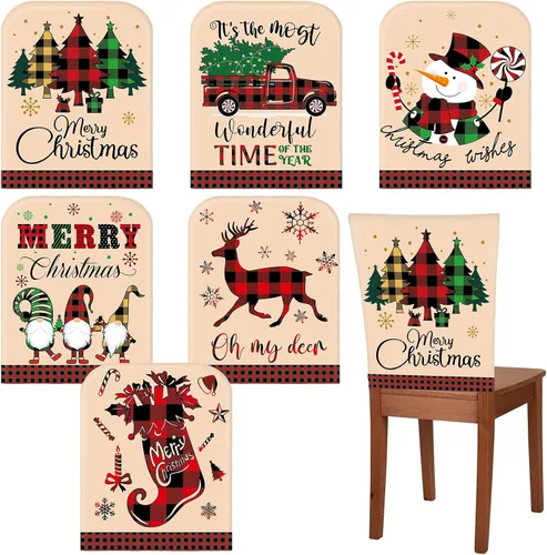 Vista 8 de Ganeen 6 Piezas Fundas Navideñas para Sillas Cuadros Buffalo Fundas para Sillas de Comedor Sombrero de Papá Noel Zapatos Fundas Deslizantes