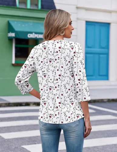 Vista 6 de Ekouaer Blusas de manga 3/4 para mujer, cuello en V, blusas plisadas casuales Floral blanco