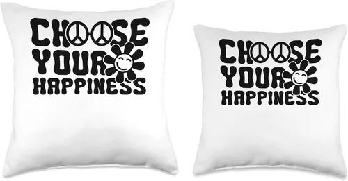 Vista 3 de Happiness Quotes Retro Bohemian Nostalgia Design Choose Your Happiness Hippie Positivity Affirmations Groovy Throw Pillow, 16x16, Multicolor