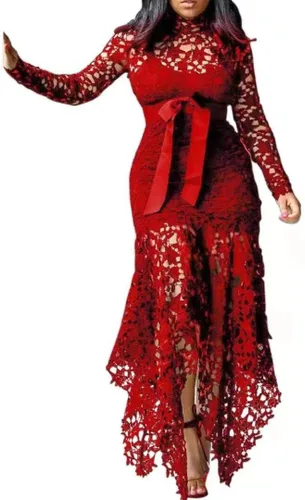 Vista 6 de VERWIN - Vestido largo de encaje, hueco, asimétrico, sexy, multiusos, para mujer Negro