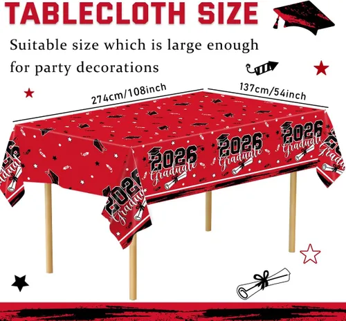 Vista 2 de Decoraciones de fiesta de graduación para clase de 2026, manteles de graduación rojos y negros, 3 manteles de plástico desechables para suministros