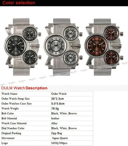 Vista 5 de OULM Reloj de pulsera de cuarzo para hombre, estilo militar, militar, correa de acero inoxidable, 3 zonas horarias, pantalla de gran tamaño + caja