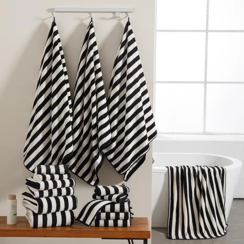 Vista 2 de Juego de 18 toallas de baño de rayas color blanco y negro con lazo para colgar, 6 toallas de baño, 6 toallas de mano, 6 toallas familiares, juego
