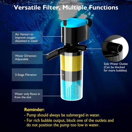 Vista 4 de AquaMiracle Filtro sumergible para acuario de 3 etapas en tanque con doble salida de agua y aireación, filtro interno de tanque de peces de 130 GPH