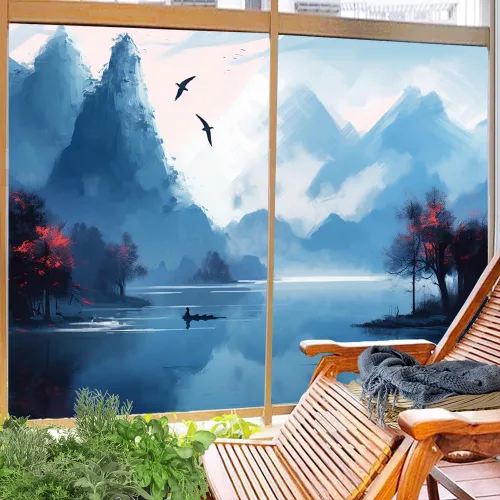 Vista 4 de Película de privacidad para ventana de dibujo de paisaje abstracto, escena de lago, temática de naturaleza, vitrales, sin pegamento, película