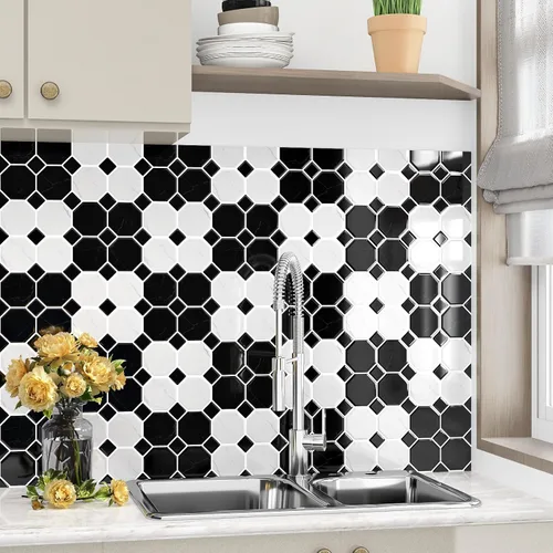 Vista 3 de Wallercity Azulejos de Mármol Negro/Blanco Despegar y Pegar Salpicadero 12''x12'' Cocina Piedra Impermeables Autoadhesivos Aspecto de Mármol
