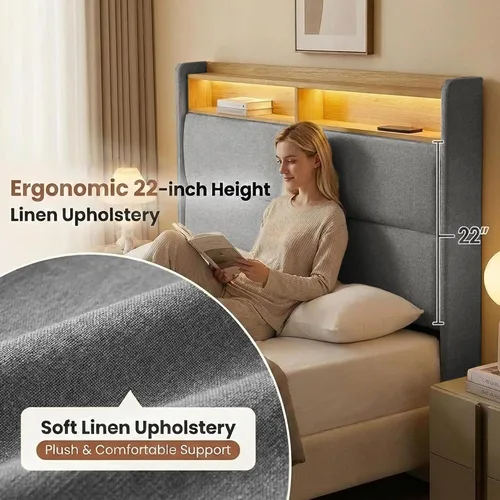 Vista 4 de Base de cama matrimonial con cabecera de almacenamiento con respaldo alado de 51.8 pulgadas, plataforma tapizada gris con estación de carga (tipo C)