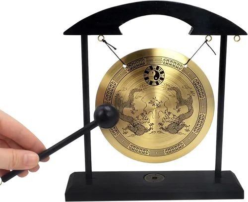 Vista 8 de Gong de escritorio de latón, arte zen, feng shui para la decoración de oficina en casa, práctica de meditación, incluye pulsera de cadena roja