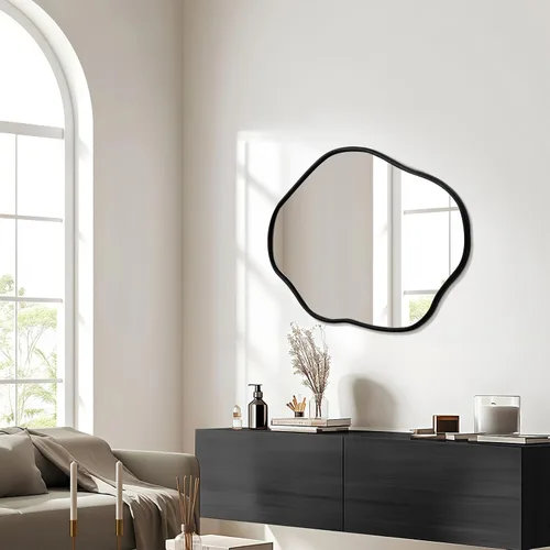 Vista 3 de ULIKE - Espejo de pared irregular de 24×36 pulgadas con marco de madera en negro – Diseño de forma orgánica abstracta para baño, dormitorio, sala