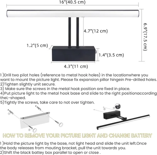 Vista 5 de Luz para Cuadros, Luz para Cuadros de 16" con Batería AA, Luz para Marco de Cuadros de Metal Completo, Luces Inalámbricas para Cuadros con Control