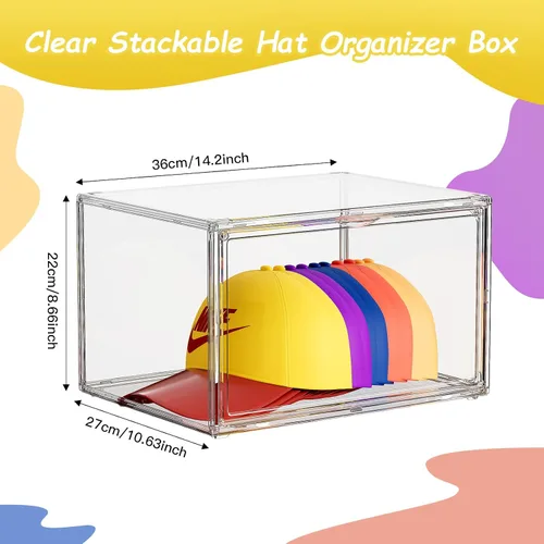 Vista 3 de Caja organizadora de sombreros, paquete de 2 unidades de almacenamiento para gorras de béisbol, contenedor porta sombreros apilable con tapas